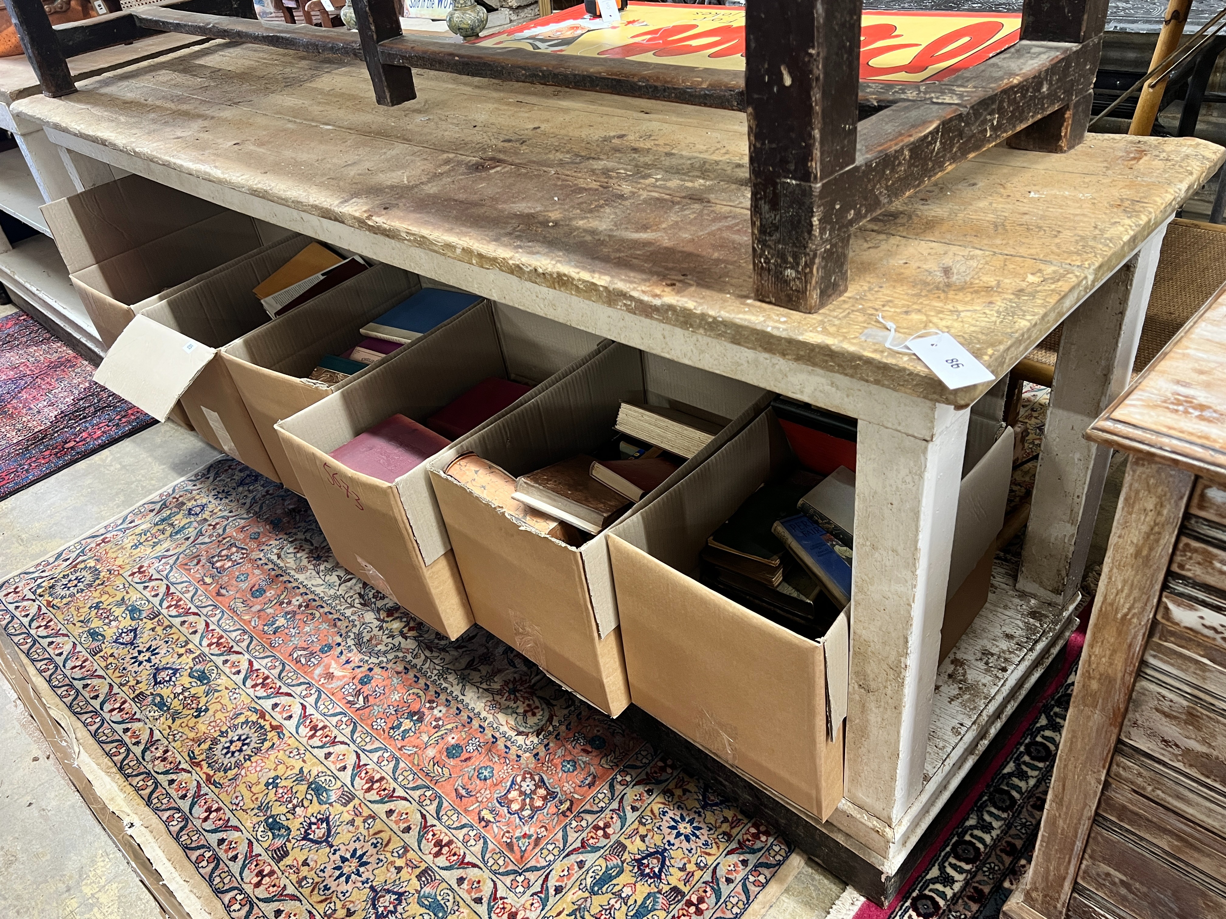 A 19th century pine two tier kitchen serving table, length 221cm, depth 58cm, height 87cm